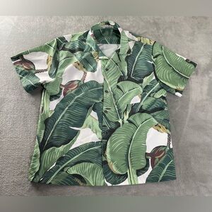MNML Button Up Shirt Mens Large Leaf Print Aloha Hawaiian Pocket Short Sleeve